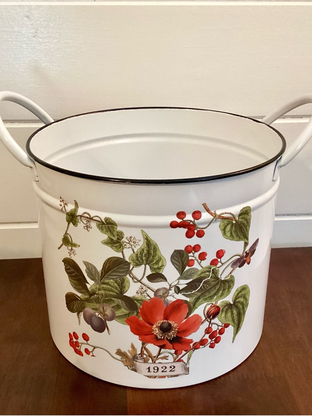 Farmhouse Enamel Metal Pail 9” round with Red Flower Accent